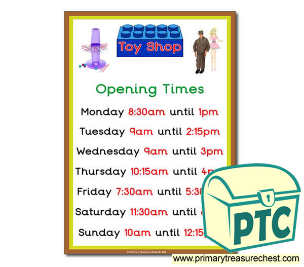 1960s Toy Shop Opening Times (Quarter & Half Past)