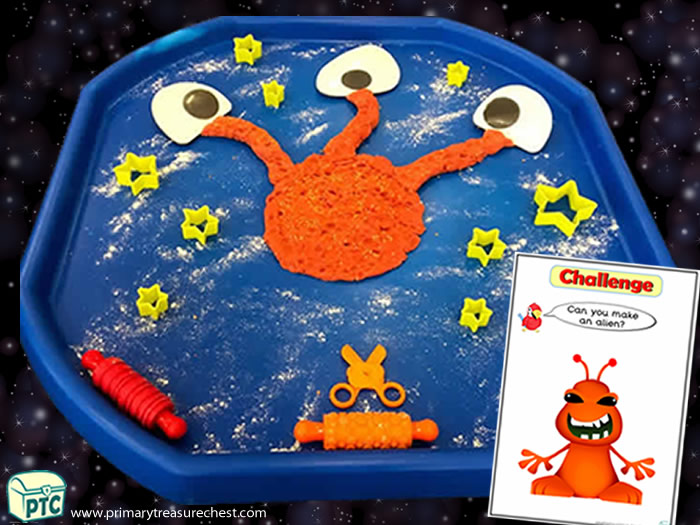 Space Sensory Play Dough Alien 2 tuff tray - Role Play Sensory Play - Tuff Tray Ideas Early Years / Nursery / Primary