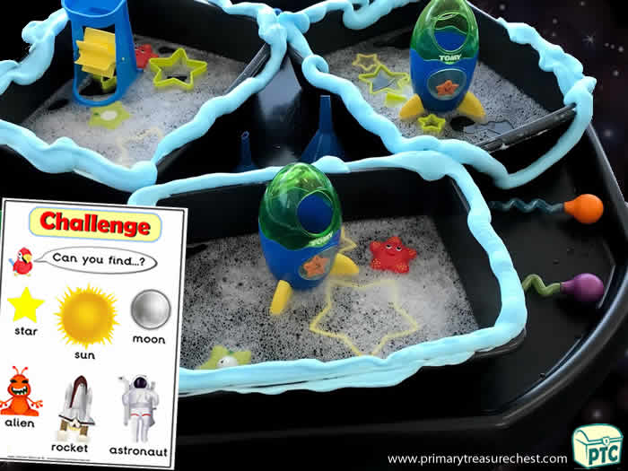 Space Water Play  Rockets and Stars tuff tray - Role Play Sensory Play - Tuff Tray Ideas Early Years / Nursery / Primary