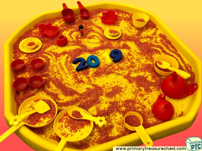 Chinese New Year Themed Discovery Multi-sensory - Coloured Rice Tuff Tray Ideas and Activities