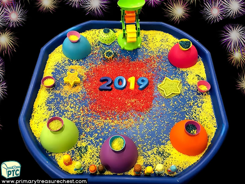New Year - New Years Eve - Celebrations Themed Small World Play - Multi-sensory - Rice Tuff Tray Ideas and Activities 