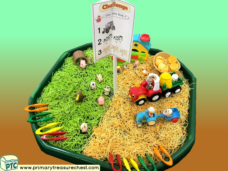 Farm Animals - Farm - Foods - Tractors - Harvest - Growing Themed Small World Multi-sensory Coloured Spaghetti Tuff Tray Ideas and Activities