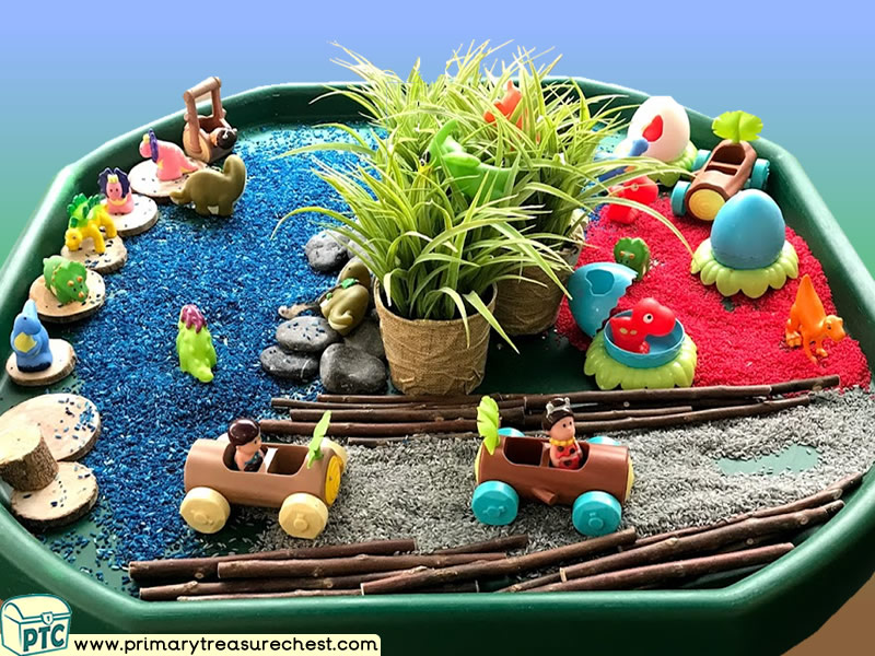 Dinosaur - Dinosaur Eggs - Caveman Themed Small World - Multi-sensory - Coloured Rice Tuff Tray Ideas and Activities