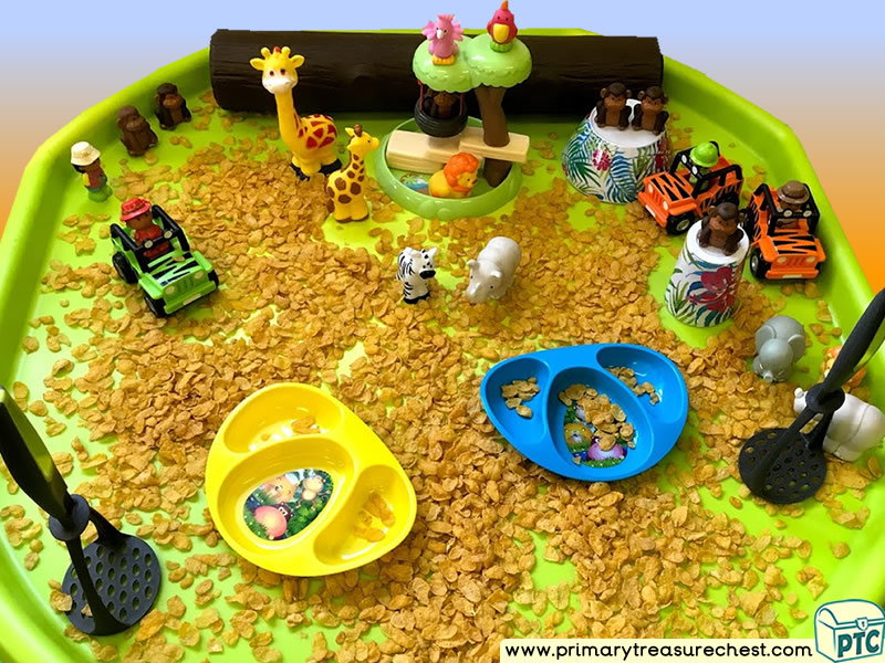 Safari - Jungle Animal Themed Small World Multi-sensory - Cereals Tuff Tray Ideas and Activities