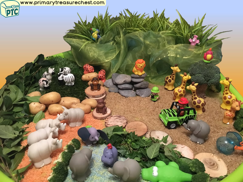 Safari - Jungle Animal Themed Small World Multi-sensory - Coloured Rice Tuff Tray Ideas and Activities