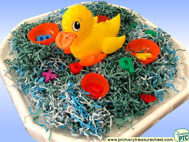 Farm Animals - Ducks Themed Phonics - Phonic Readiness - Letter Sound Multi-sensory Shredded Paper Tuff Tray Ideas and Activities