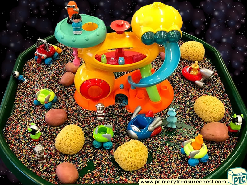 Space - Astronauts - Space Station - Alien Themed Small World Multi-sensory Coloured Rice Tuff Tray Ideas and Activities