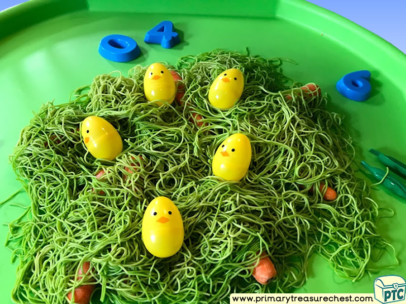 Easter Chicks - Easter Themed Numbers  Multi-sensory - Coloured Spaghetti Tuff Tray Ideas and Activities