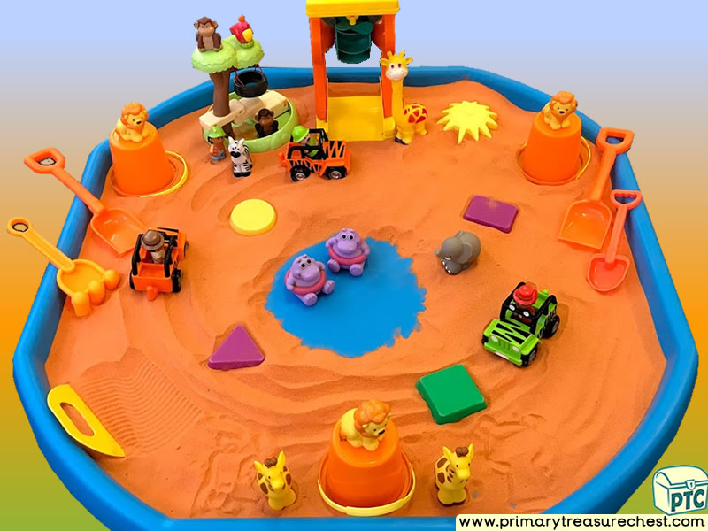 Safari - Jungle Animal Themed Small World Multi-sensory - Coloured Sand Tuff Tray Ideas and Activities