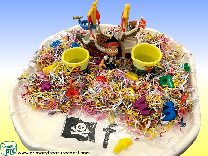 Pirates - Pirate Ship - Jake Themed Phonics - Phonic Readiness - Letter Sounds Multi-sensory Shredded Paper Tuff Tray Ideas and Activities