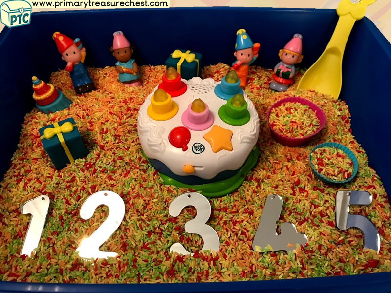 Birthday Party Themed Small World - Multi-sensory - Coloured Rice Tuff Tray Ideas and Activities