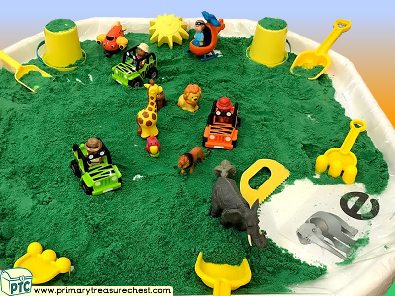 Safari - Jungle Animal Themed Small World Multi-sensory - Coloured Sand Tuff Tray Ideas and Activities