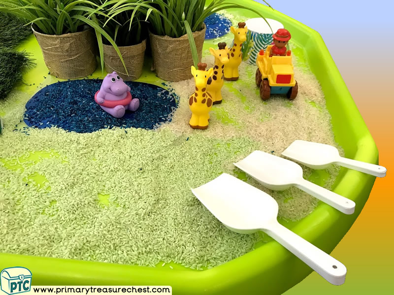 Safari - Jungle Animal Themed Small World Multi-sensory - Coloured Rice Tuff Tray Ideas and Activities