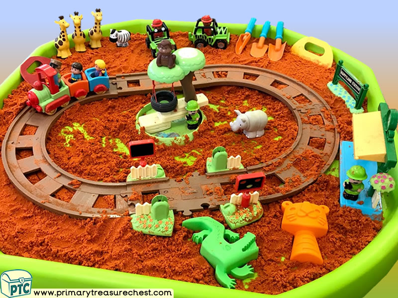 Safari - Train - Jungle Animal Themed Small World Multi-sensory - Coloured Sand Tuff Tray Ideas and Activities