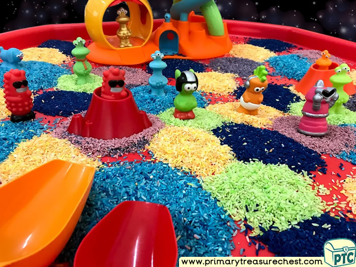 Space - Space Station - Astronauts - Aliens Themed Small World Multi-sensory Coloured Rice Tuff Tray Ideas and Activities