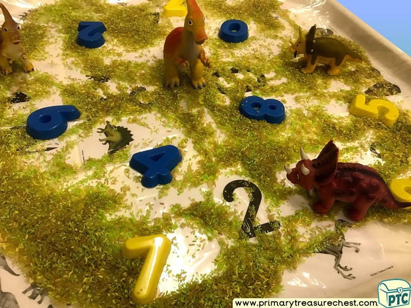 Dinosaur - Caveman Themed Numbers - Multi-sensory - Coloured Rice Tuff Tray Ideas and Activities