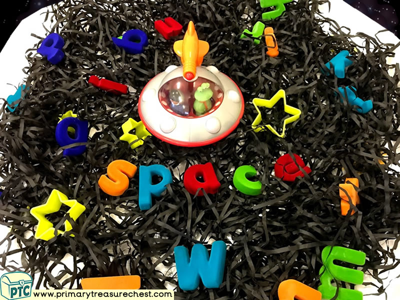 Space - Spaceship - Alien Themed Phonics - Phonic Readiness - Letter Sound Multi-sensory Shredded Paper Tuff Tray Ideas and Activities