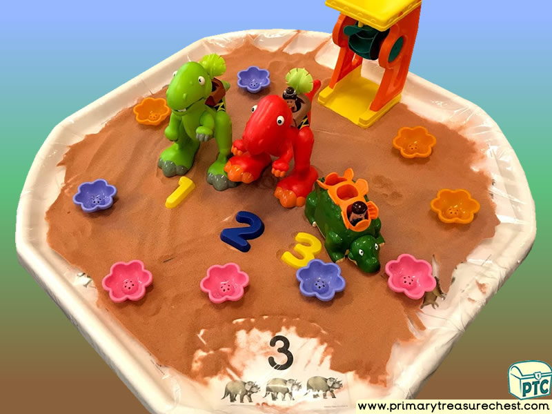 Dinosaur - Caveman Themed Numbers - Multi-sensory - Coloured Sand Tuff Tray Ideas and Activities