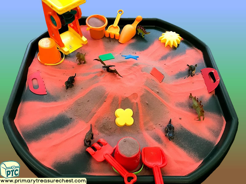 Dinosaur - Volcano - Caveman Themed Discovery - Multi-sensory - Coloured Sand Tuff Tray Ideas and Activities