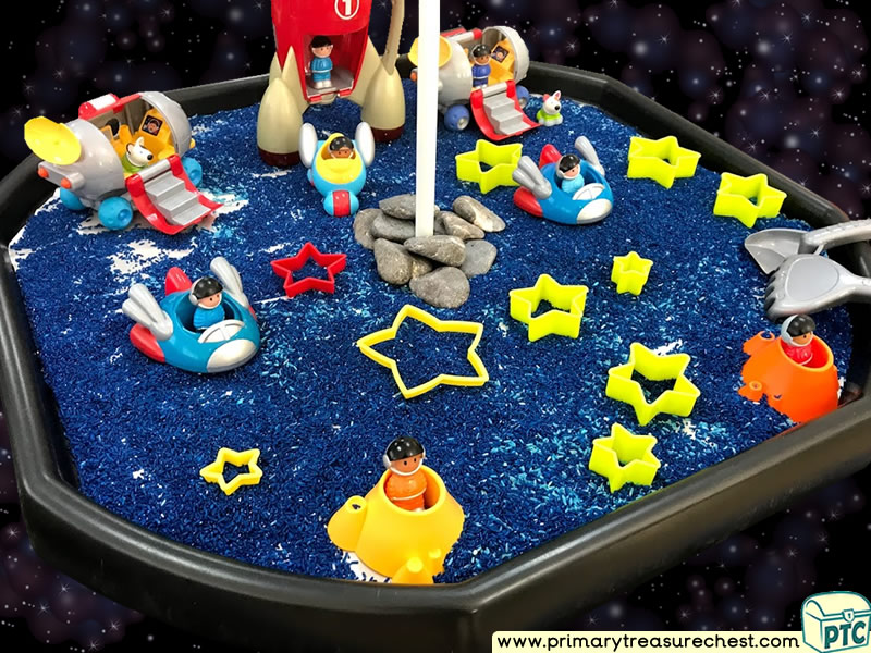 Space - Rocket - Stars - Astronauts - Aliens Themed Small World Multi-sensory Coloured Rice Tuff Tray Ideas and Activities