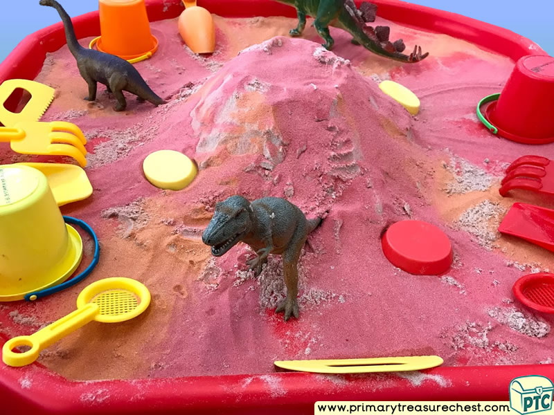 Dinosaurs - Volcano - Themed Discovery - Multi-sensory - Coloured Sand Tuff Tray Ideas and Activities