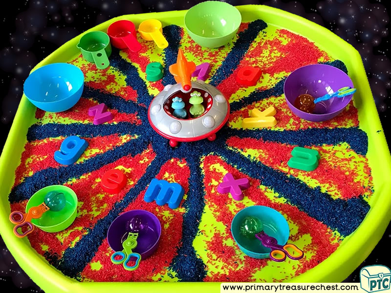 Space - Spaceship - Alien Themed Phonics - Phonic Readiness - Letter Sound Multi-sensory Coloured Rice Tuff Tray Ideas and Activities