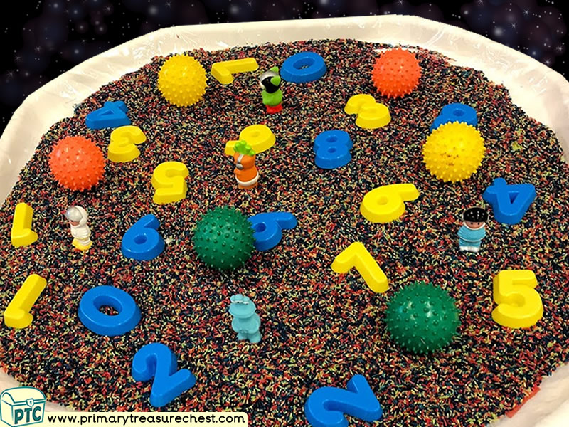 Space - Astronaut - Alien Themed Numbers Multi-sensory Coloured Rice Tuff Tray Ideas and Activities