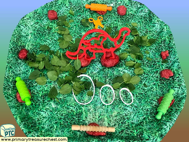 Dinosaurs - Dinosaur Eggs Themed Playdough - Multi-sensory - Leaves Tuff Tray Ideas and Activities