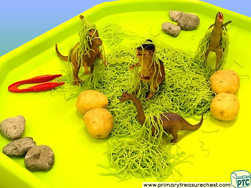 Dinosaur Themed Discovery - Multi-sensory - Coloured Spaghetti Tuff Tray Ideas and Activities