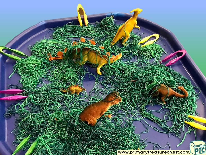 Dinosaur - Dinosaur Swamp Themed Discovery - Multi-sensory - Coloured Spaghetti Tuff Tray Ideas and Activities