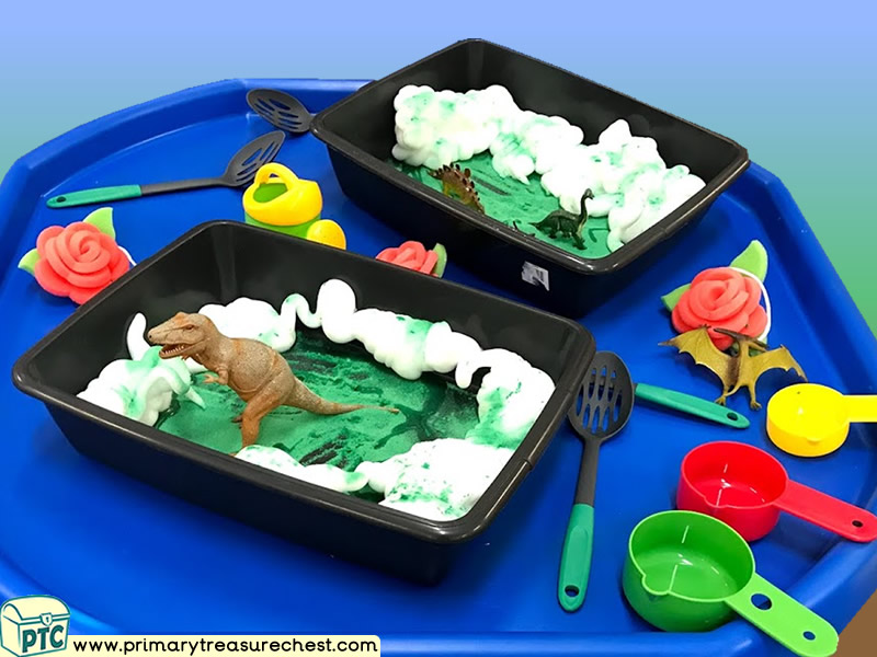 Dinosaur Themed Discovery - Multi-sensory - Mouldable Soap - Coloured Sand Tuff Tray Ideas and Activities