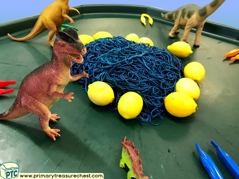 Dinosaur Themed Discovery - Multi-sensory - Coloured Spaghetti Tuff Tray Ideas and Activities