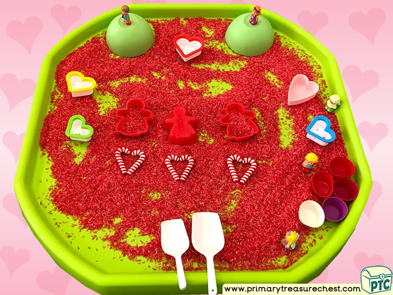 Valentine’s Day - Dydd Santes Dwynwen - Heart Themed Small World Multi-sensory - Coloured Rice Tuff Tray Ideas and Activities