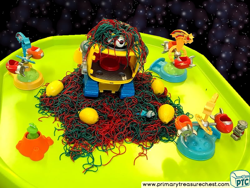 Space - Robot - Alien Themed Small World Multi-sensory Coloured Spaghetti Tuff Tray Ideas and Activities