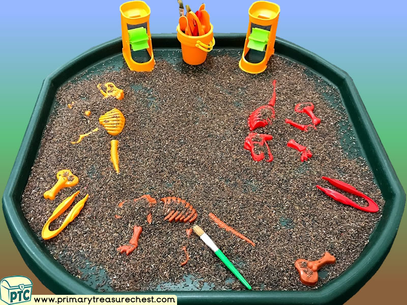 Dinosaur - Dinosaur Bones - Excavation - Dinosaur Dig Themed Discovery - Multi-sensory - Coloured Rice Tuff Tray Ideas and Activities