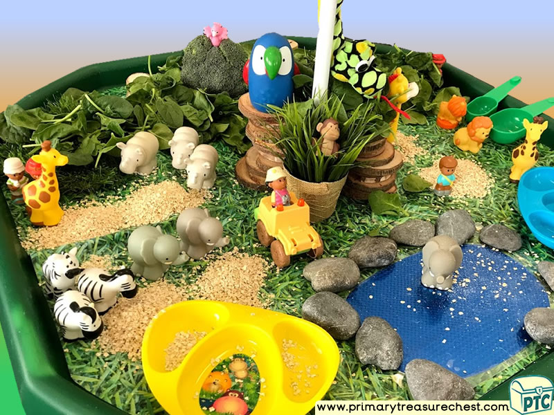 Safari - Jungle Animal Themed Small World Multi-sensory - Cereals Tuff Tray Ideas and Activities