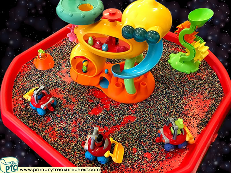 Space - Space Station - Astronauts - Aliens - Mars Themed Multi-sensory Coloured Rice Tuff Tray Ideas and Activities