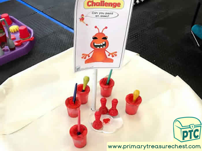 Space Sensory Red Alien Painting Challenge - Role Play Sensory Play - Tuff Tray Ideas Early Years / Nursery / Primary