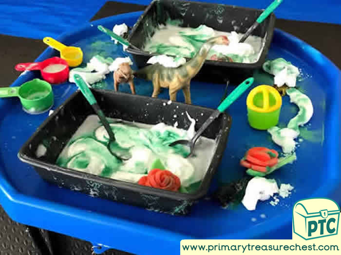Dinosaur WATER PLAY Swomp tuff tray idea with crazy soap