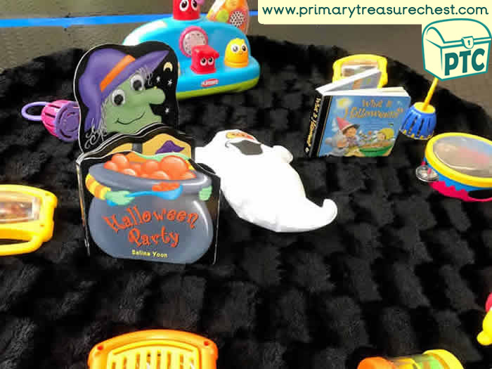 Halloween Music Area  Tuff Tray - Role Play Sensory Play - Spot Tray - Tuff Tray Ideas Early Years / Nursery / Primary 