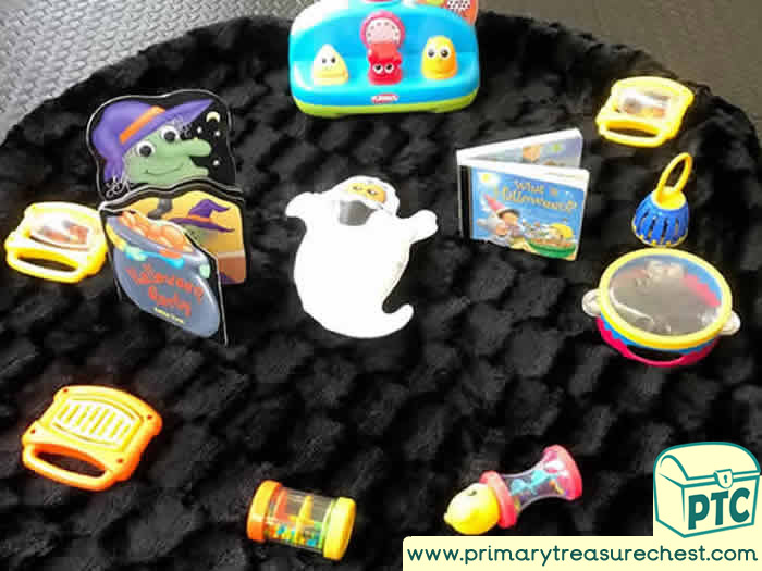 Halloween Music Area  Tuff Tray - Role Play Sensory Play - Spot Tray - Tuff Tray Ideas Early Years / Nursery / Primary 