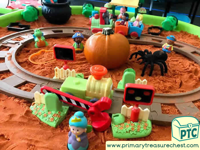 Halloween Ghost Train Small World Transport Area Role Play  Sensory Play - Tuff Tray Ideas Early Years / Nursery / Primary 