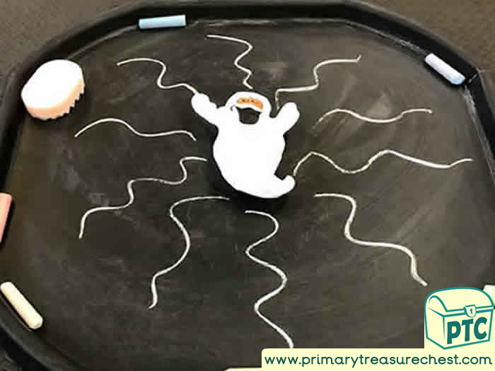 Halloween ghost chalking activity Role Play Sensory Play - Tuff Tray Ideas Early Years / Nursery / Primary 