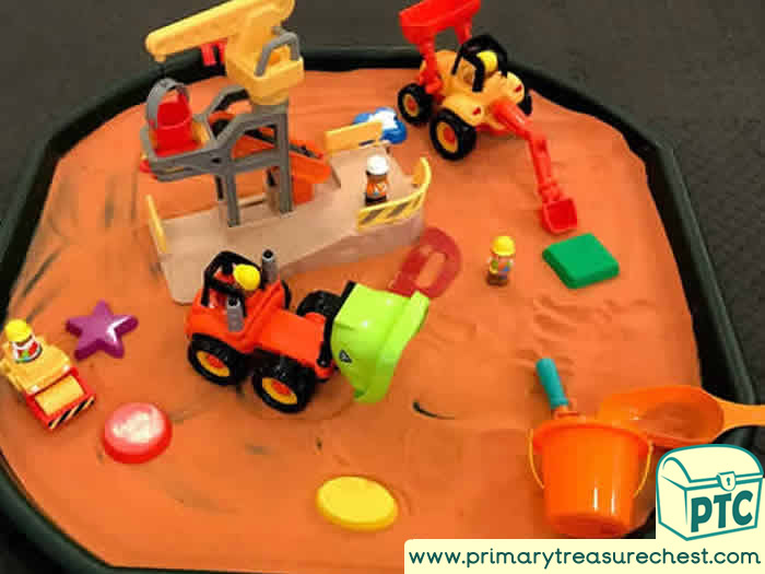 Transport Themed Sand Tray Building Site - Role Play Sensory Play with diggers - Tuff Tray Ideas Early Years / Nursery / Primary 