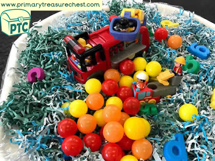 Small World Fire Fighters themed tuff tray - Multi sensory Phonics Area