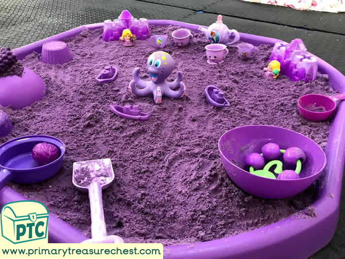 Purple themed Small world Sand Play -  activity ideas - Role Play  Sensory Play - Tuff Tray Ideas Early Years – Tuff Spot / Nursery / Primary