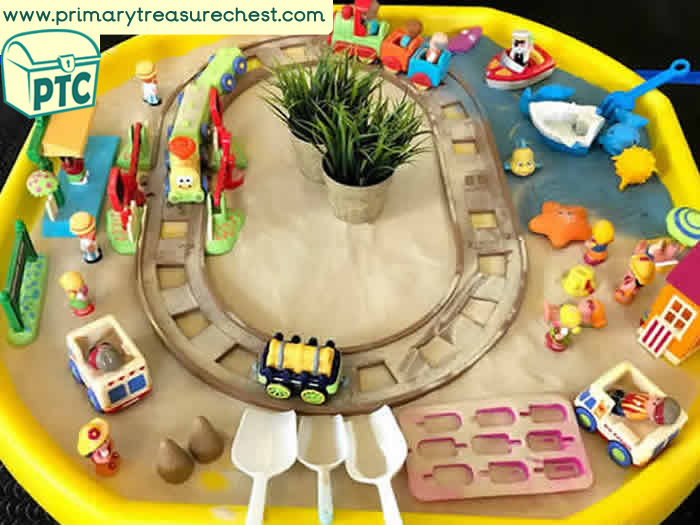 Sand Play Small World  Train Journey to the Seaside - Role Play  Sensory Play - Tuff Tray Ideas Early Years / Nursery / Primary 