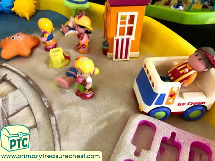 Small World Sand Play Ice Cream Van Seaside - Role Play  Sensory Play - Tuff Tray Ideas Early Years / Nursery / Primary 