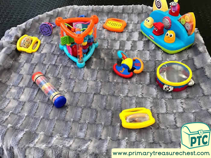 Space Music and Sensory Toy Area spot tray - Role Play Sensory Play - Tuff Tray Ideas Early Years / Nursery / Primary