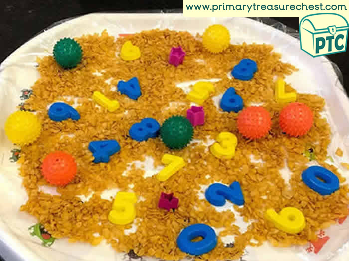 Space Sensory Cornflakes space numbers - Role Play Sensory Play - Tuff Tray Ideas Early Years / Nursery / Primary